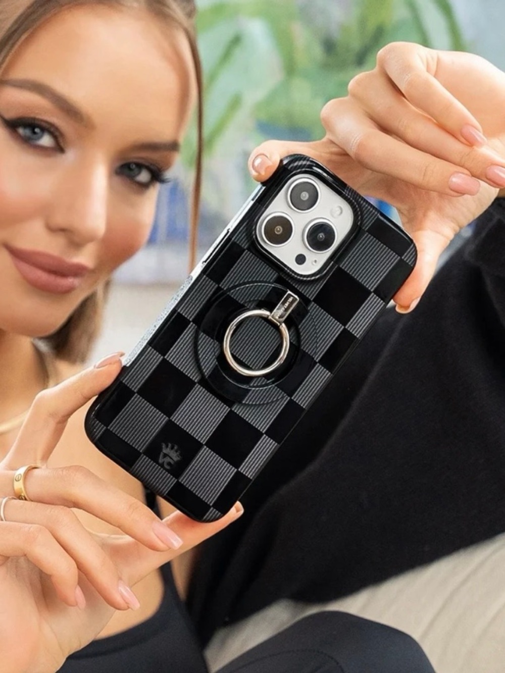 Black and Gray Checkered Case for iPhone 16 Pro Max with Magnetic Ring
